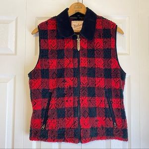 Woolrich Womens Buffalo Plaid Red Black Vest Velour Collar Medium